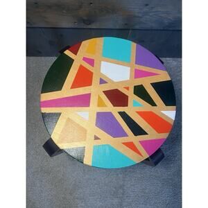 Hand-Painted Side Table Unique Colorful Navy Blue Legs Gold Geometric Boho